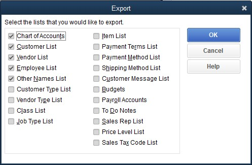 QuickBooks' Export dialog with Chart of Accounts, Customer List, Vendor List, Employee List, and Other Names List checked.