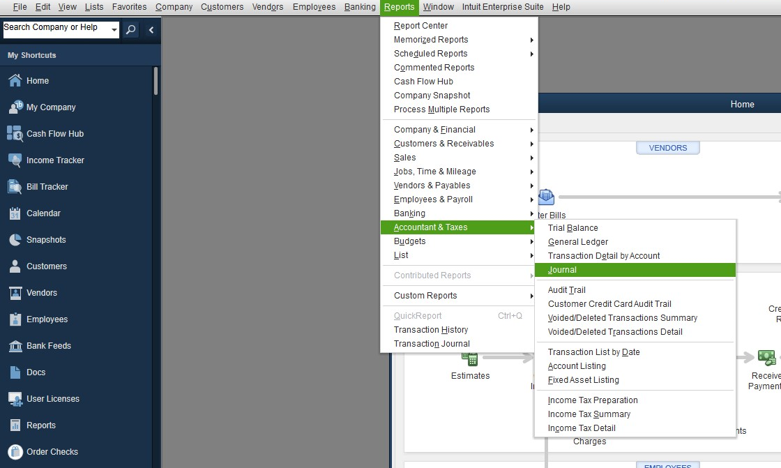The QuickBooks Reports menu open to Accountant & Taxes, with Journal highlighted.