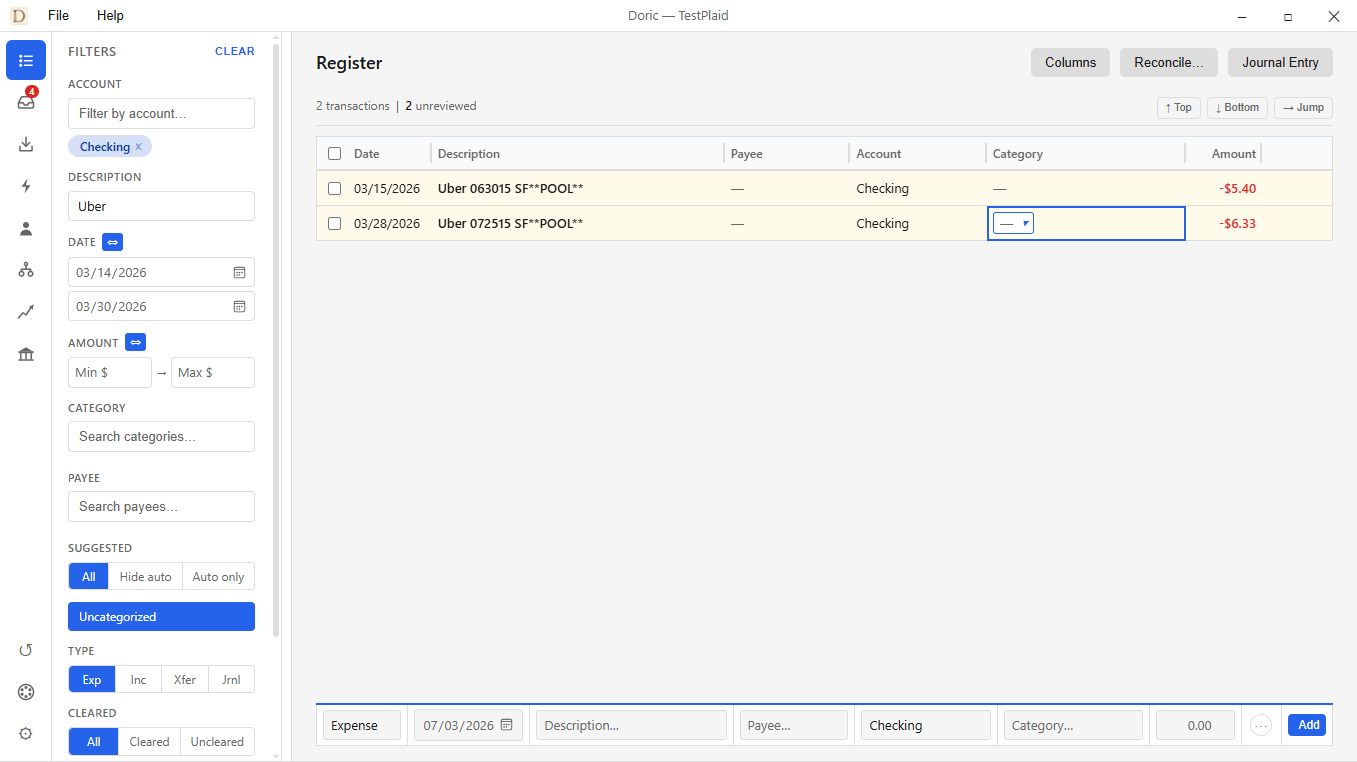 The Doric register with its filter sidebar on the left, filtered by account, a description search, a date range, and the Uncategorized toggle, narrowed to two matching transactions.
