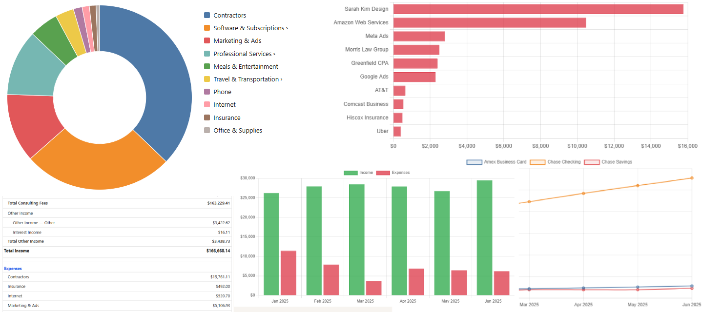 A selection of Doric reports: a spending-by-category donut, top payees, a profit and loss statement, income vs expenses by month, and account balances over time.