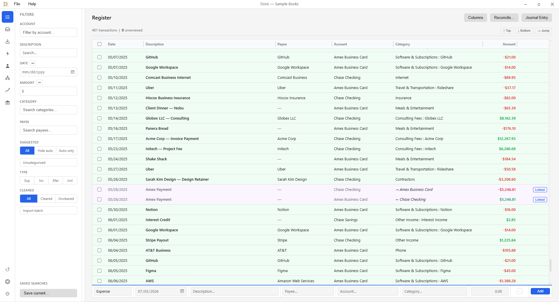 The Doric transaction register, showing categorized transactions with payees, accounts, and running balances.